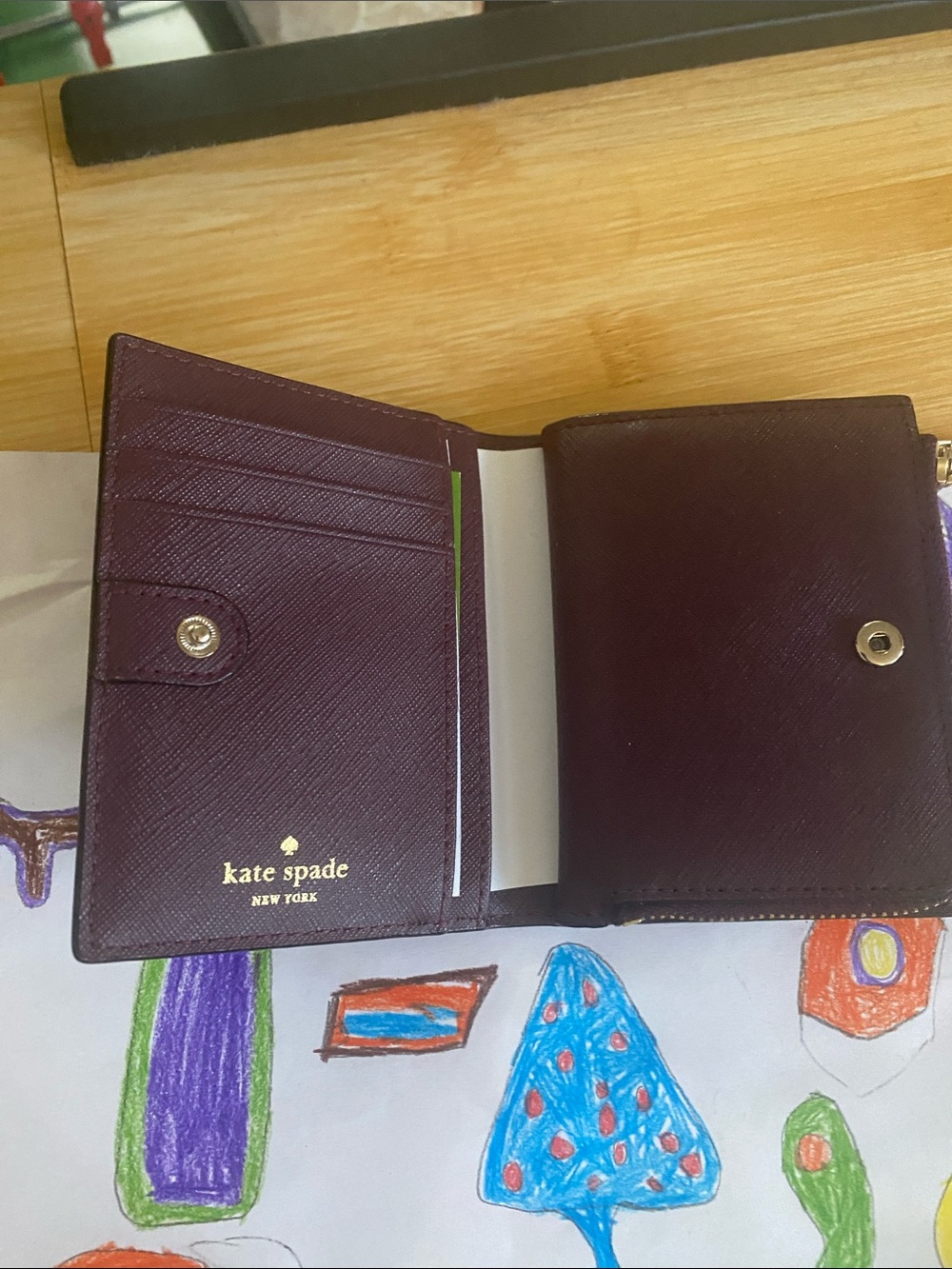 kate spade Compact Saffiano Leather Bi-Fold Wallet - Burgundy with Gold Hardware